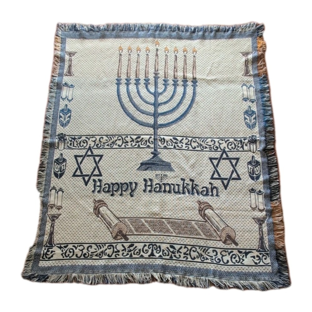 Vintage 1995 Happy Hanukkah Jewish Menorah Torah Woven Throw Blanket Tapestry